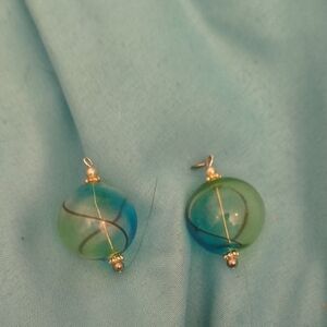 Blue-Green Glass Sphere Drop Earrings with Gold Accents